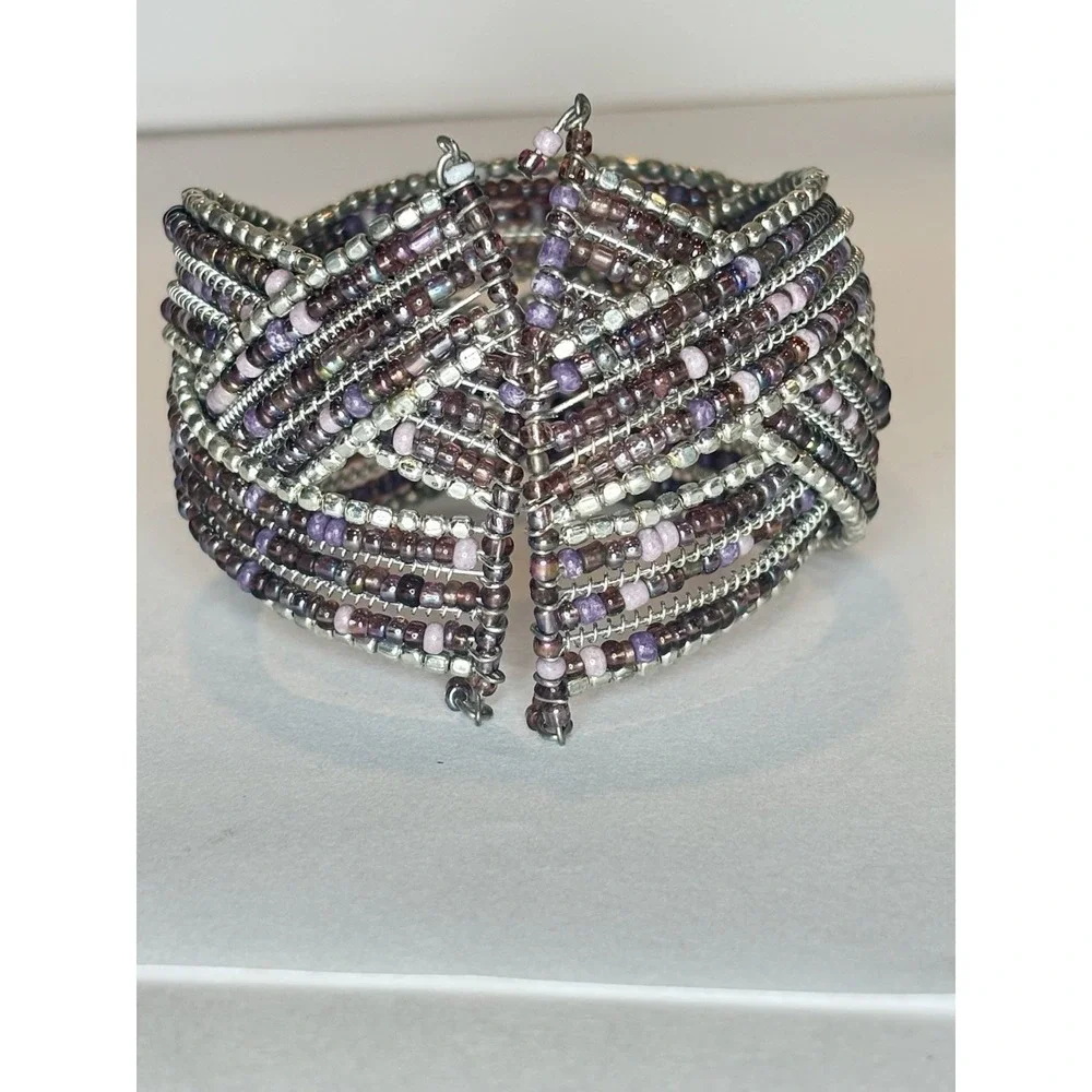 Purple Glass Bead Memory Wire Cuff Bracelet Silver Tone Wide Boho Statement
